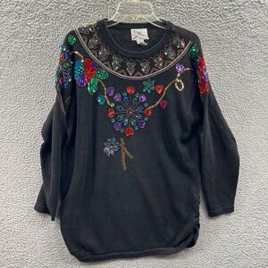 Vintage Womens Beaded Sequin Knit Top L Black Colorful Embellished Artsy Boho